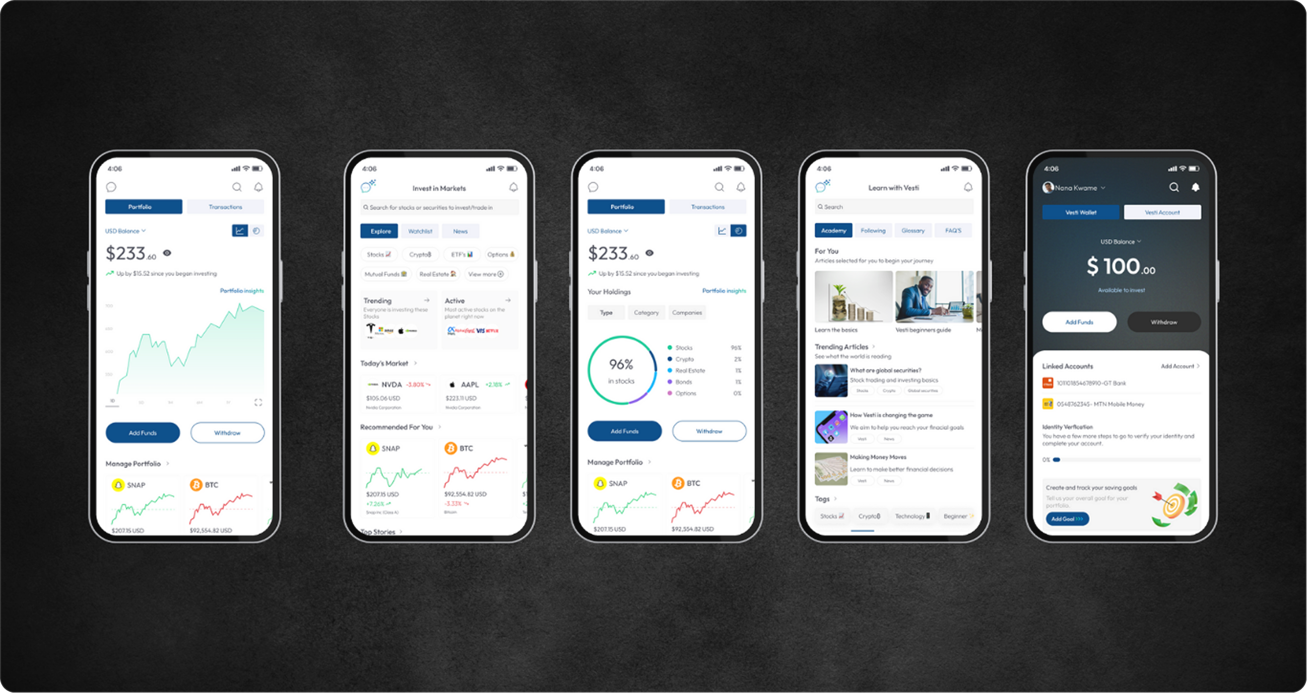 Vesti mobile app screens